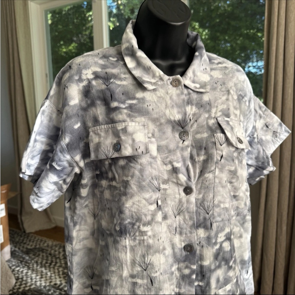 Bitte Kai Rand Cotton Shirt Dress Gray Dandelion Print Utility Pockets Sz M EUC - Picture 4 of 12